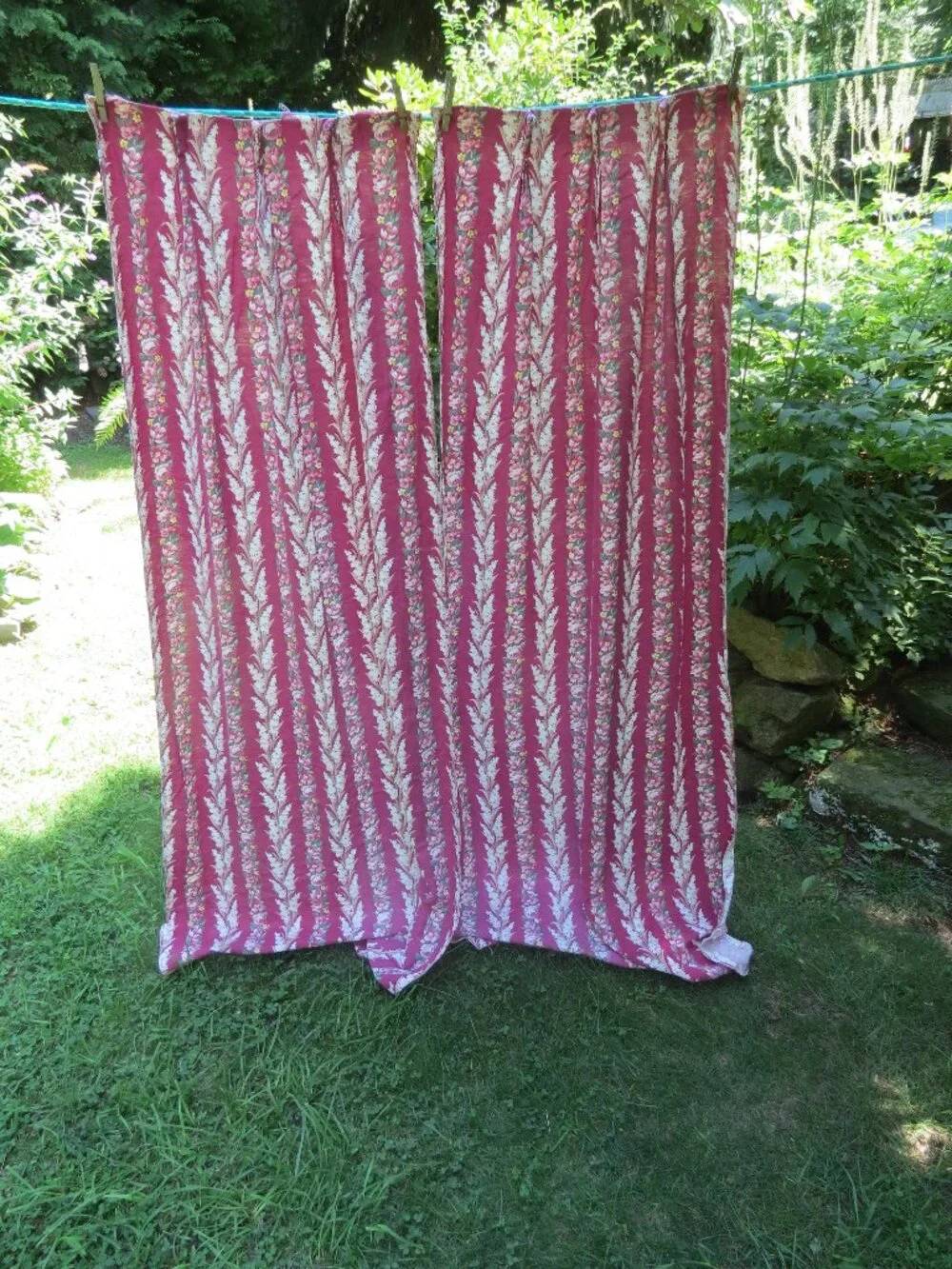 VINTAGE (4) PANEL CURTAINS Roses Fern STRIPES Vat Print Fabric Midcentury 87